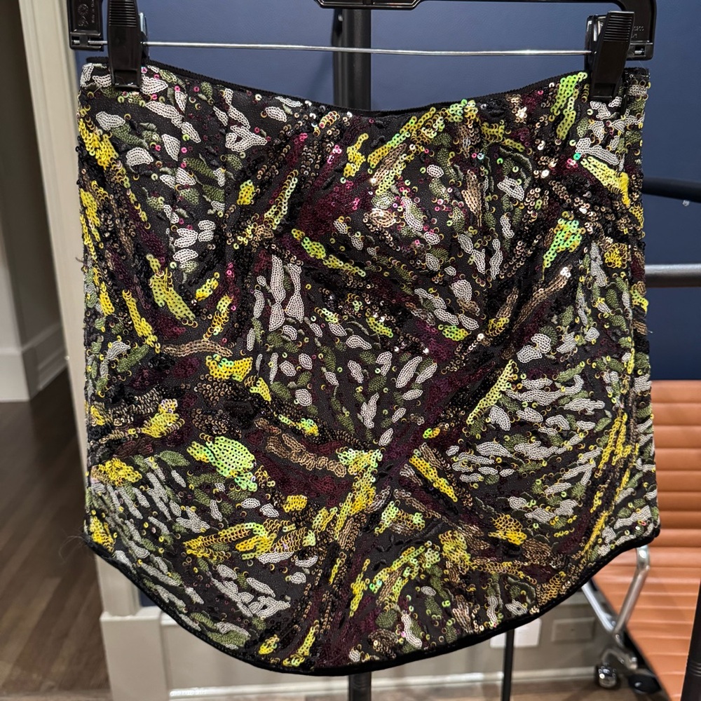 ZARA Sequin Embellished Mini Skirt in Black with Yellow & Green Accents